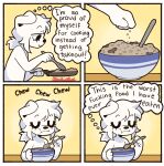 2026 4_panel_comic anthro bearsockz bearsockz_(character) black_eyes black_nose border bowl canid canine canis chair chewing comic container cooking cookware cutlery domestic_dog eating eating_food elbows_on_table english_text eyelashes eyes_closed female fire floppy_ears food frying_pan furniture hair hi_res holding_bowl holding_container holding_object holding_spoon kitchen_utensils mammal on_chair onomatopoeia ponytail seasoning shadow simple_background sitting sitting_on_chair snout solo sound_effects spoon text thought_bubble tools white_body white_border white_hair yellow_background
