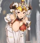  aliza_(granblue_fantasy) breasts brown_eyes circlet commentary_request detached_sleeves draph dress finger_to_mouth flashing granblue_fantasy hair_pulled_back hanging_breasts highres horns inverted_nipples large_breasts leaning_forward nipples one_breast_out shushing solo white_hair yozo_(stanky) 