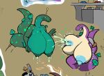 anthro big_breasts bodily_fluids breast_expansion breast_grab breasts duo expansion female hand_on_breast huge_breasts lactating lemurian milk nipples nude onomatopoeia risk_of_rain scalie sloshing_breasts snapps sound_effects text