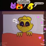 1:1 anthro avian beak bed bedding bedroom bedroom_eyes bird blanket canid canine canis catnap_(poppy_playtime) chicken dialogue dogday_(poppy_playtime) domestic_cat domestic_dog english_text felid feline felis frown fur furniture galliform group heart_symbol kickinchicken male male/male mammal mob_entertainment narrowed_eyes offscreen_sex orange_body orange_fur phasianid poppy_playtime purple_body purple_fur scared scared_eyes seductive smile smiling_critters smirk speech_bubble text thought_bubble tinky trio url yellow_body yellow_fur