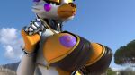 2024 3d_(artwork) absurd_res animatronic anthro areola big_breasts bikini bikini_top black_bikini black_bikini_top black_clothing black_sclera black_swimwear blue_sky blurred_background breasts canid canine claws clothing cloud day digital_media_(artwork) facial_piercing female fingerless_(marking) fingerless_gloves_(marking) five_nights_at_freddy's five_nights_at_freddy's_world fox glistening glistening_body gloves_(marking) heart_pupils heart_symbol hi_res lolbit_(fnaf) looking_at_viewer machine mammal markings mrs_dexie nipples nose_piercing orange_body orange_eyelids outside piercing presenting presenting_breasts presenting_nipple purple_areola purple_nipples robot robot_anthro scottgames sky solo swimwear tongue tongue_out two-piece_swimsuit undressing_self white_body white_eyes