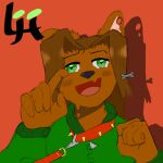 absurd_res accessory anthro bird_dog blush blush_lines bodily_fluids brown_body brown_fur brown_hair canid canine canis clothed clothing collar digital_drawing_(artwork) digital_media_(artwork) domestic_dog ear_piercing embarrassed fur gauged_ear green_eyes hair hair_accessory hairclip heart_pupils heart_symbol hi_res hunting_dog jacket labrador looking_at_viewer luckyhomie male mammal one_fang piercing retriever signature simple_background smile solo sweat sweatdrop topwear