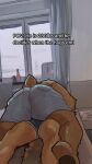 absurd_res anthro arches_(game) arm_around_partner bear bed bottle bottomwear boxer_briefs brown_bear butt butt_focus cameron_wilson canid canine canis clothing container coyote curtains_open denim denim_bottomwear denim_clothing denim_shorts devon_ortega duo echo_(series) echo_project english_text freakdan1el furniture he_is_280_lbs_and_he_decides_when_the_hugs_end hi_res laying_on_another male male/male mammal meme on_bed pawpads rear_view shorts sofa tail text underwear ursine window