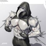 abs amon-sydonai anthro arm_scar athletic athletic_anthro athletic_male avian belt biceps bird black_bottomwear black_clothing black_pants bodily_fluids bottomwear chest_scar claude_(amon-sydonai) claws clothing feathers fingerless_gloves gloves handwear hi_res hood male nipple_piercing nipples pants pecs piercing piercing_pull plague_doctor scar shirtless_male solo straps sweat sweaty_body white_body white_feathers