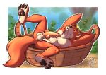 anthro anus armpit_tuft athletic athletic_anthro athletic_male balls basket big_penis bycocket canid canine claws clothing container dozing erection eyebrows eyes_closed fluxiled_(artist) fox genitals hands_behind_head hat hat_feather hat_only headgear headgear_only headwear headwear_only knot knotted_penis loose_feather lying male mammal mostly_nude nipples nude outdoor_nudity pawpads pecs penis raised_eyebrow raised_foot red_fox robin_hood shaded smile solo spread_legs spreading toe_claws true_fox