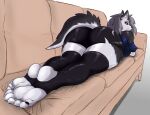 5_toes angry anthro barefoot big_butt black_bottomwear black_clothing black_nails black_shorts blue_top bottomwear butt canid canid_demon canine clothed clothing colored_nails crop_top dark_body dark_fur demon demon_eyes feet feet_together female fluffy fluffy_hair fluffy_tail foot_fetish foot_focus fur furniture grey_body grey_fur grey_hair hair hellaverse hellhound helluva_boss hi_res huge_butt humanoid_feet legwear looking_at_viewer looking_back loona_(helluva_boss) lying mammal multicolored_body multicolored_fur mythological_canine mythological_creature mythology nails non_nude nvfta on_front plantigrade rear_view red_eyes shirt shorts showing_teeth simple_background sofa solo stockings tail thick_thighs toes topwear two_tone_body two_tone_fur