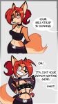 3_fingers anthro arm_warmers armwear bandolier belt black_eyeshadow black_nose bra_strap_showing_(meme) breasts canid canine cassandra_(psicoyote) clothed clothing collar crazed_look crop_top dipstick_ears ear_markings english_text eyeshadow eyewear female female_anthro fingers flashing fox glasses grimace hair hammerspace harness hi_res knife looking_at_another looking_at_viewer makeup mammal markings medium_breasts meme midriff multicolored_body multicolored_ears navel o-ring_collar offscreen_character orange_body ponytail psicoyote red_hair round_glasses sheathed_knife shirt solo tail teeth text topwear two_tone_body two_tone_tail under_boob vial