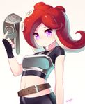  artist_name belt bike_shorts black_gloves blueberry_(5959) blush breastplate fingerless_gloves gloves goggles goggles_removed highres holding long_hair looking_at_viewer navel octarian octoling purple_eyes red_hair simple_background solo splatoon_(series) splatoon_1 takozonesu tentacle_hair white_background 