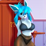 absurd_res anthro bra breasts clothing digiqrow eeveelution female generation_4_pokemon glaceon hi_res legwear nintendo panties pantyhose pokemon pokemon_(species) solo suggestive underwear wide_hips