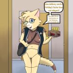 2026 abby_(abra) abby_abra_(artist) abra absurd_res anthro apartment areola bad_dragon black_clothing black_topwear black_vest blue_eyes bottomless bottomless_anthro bottomless_female box breasts brown_body brown_fur clothed clothing container delivery_(commerce) dialogue digital_drawing_(artwork) digital_media_(artwork) doorway english_description english_text eyewear fan_character female fur generation_1_pokemon genitals glasses hallway hi_res holding_box holding_container holding_object holding_package logo_on_vest looking_at_viewer mammal messenger_bag navel nintendo nipples no_bra one_eye_closed open_clothing open_mouth open_topwear open_vest package pink_areola pink_inner_ear pink_mouth pink_nipples pink_tongue pokemon pokemon_(species) pokemorph postal_delivery rectangular_glasses shoulder_bag solo speech_bubble standing tail talking_to_viewer text tongue topwear vest vulva wearing_glasses wink winking_at_viewer yellow_body yellow_fur