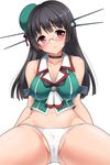  black_hair blush breasts choker choukai_(kantai_collection) cleavage frown hair_ornament hat head_tilt highres kantai_collection kyokutou_hentai_samurai large_breasts long_hair looking_at_viewer midriff no_pants panties red_eyes solo underwear white_panties 