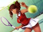  ball breasts brown_hair chain-link_fence dark_skin drill_hair dutch_angle fence game_cg green_ribbon grey_eyes hair_ornament hair_ribbon highres huniepop large_breasts lola_rembrite long_hair ninamo non-web_source open_mouth outdoors panties racket ribbon skirt solo sportswear tennis tennis_ball tennis_court tennis_racket tennis_uniform twin_drills underwear upskirt 