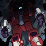  boa_(brianoa) clenched_hands commentary_request densetsu_kyojin_ideon from_below glowing ideon mecha mecha_focus night no_humans robot smoke super_robot 