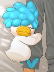 2025 3:4 absurd_res avian_feet beak bedding bedding_background biped bipedal_feral blue_body blue_feathers chikuwaburo closed_smile clothing digital_drawing_(artwork) digital_media_(artwork) duo feathers feral feral_focus generation_9_pokemon head_tuft hi_res high-angle_view hugging_arm human larger_human mammal mostly_offscreen_character mostly_offscreen_human mouth_closed multicolored_body multicolored_feathers nintendo pokemon pokemon_(species) quaxly shaded size_difference sleeping smaller_feral smile soft_shading solo_focus sweater topwear tuft two_tone_body two_tone_feathers under_shade white_body white_feathers