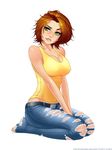  1girl barefoot between_legs breasts brown_hair denim green_eyes hand_between_legs head_tilt highres jeans large_breasts looking_at_viewer original pants ronindude seiza short_hair sitting tank_top toes torn_clothes torn_jeans 