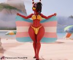 2024 2_horns 3d_(artwork) 5_fingers ball beach beach_ball beach_chair beach_umbrella big_breasts big_bulge bikini black_hair breasts bulge clothing demon digital_media_(artwork) eye_scar eyebrows facial_scar feversfm fingers flag flag_(object) gynomorph hair hair_over_eye hellaverse helluva_boss hi_res holding_flag holding_object hooves horn imp inflatable intersex lgbt_pride navel outside parasol pride_color_flag pride_colors red_body red_breasts red_skin sallie_may_(helluva_boss) scar solo standing swimwear text trans_(lore) trans_woman_(lore) transgender_pride_colors two-piece_swimsuit url yellow_sclera