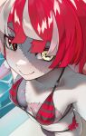  1girl absurdres artselmetti bikini black_bikini breasts closed_mouth colored_skin commentary english_commentary grey_skin halterneck highres hololive hololive_indonesia kureiji_ollie looking_at_viewer mismatched_pupils multicolored_skin original patchwork_skin red_bikini red_eyes red_hair side-tie_bikini_bottom small_breasts smile solo stitched_arm stitched_face stitched_torso stitches string_bikini striped_bikini striped_clothes swimsuit virtual_youtuber zombie 