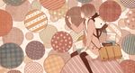  abstract animal_backpack backpack bag black_legwear brown_hair bubble bubble_blowing checkered commentary_request cookie food holding jacket jar lace looking_to_the_side mitsuki_mouse open_clothes open_jacket original polka_dot sepia sitting star striped suitcase water 