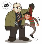  2boys a_nightmare_on_elm_street bald black_gloves black_hat black_pants black_shirt black_shoes brown_gloves burn_scar clawed_gloves clenched_teeth clothes_lift commentary_request dead_by_daylight eye_contact fedora freddy_krueger friday_the_13th full_body gloves green_jacket grey_pants hat hockey_mask jacket jason_voorhees koge12bann lapels looking_at_another male_focus mask motion_lines multiple_boys notched_lapels pants pointy_ears scar scar_on_face shirt shirt_lift shoes single_glove speech_bubble standing striped_clothes striped_shirt teeth thought_bubble torn_clothes white_background 