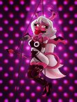 3:4 ball_gag bdsm bondage bound breasts clothed clothing demon demon_humanoid electronics female gag hair hellaverse helluva_boss hi_res humanoid long_hair membrane_(anatomy) membranous_wings microphone restraints rope rope_bondage rope_harness spade_tail tail verosika_mayday wings zeecibee