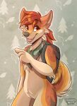 anthro backpack canid canine canis domestic_dog fur gesture hand_gesture kerchief looking_at_viewer male mammal open_mouth orange_body orange_fur pointing solo tail trashmutt