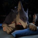 1:1 2026 3d_(artwork) ambiguous_gender artist_collaboration back_tuft bed bestiality bestiality_kiss blender_(artwork) blender_eevee_(artwork) blurred_background blush canyne capcom cheek_tuft claws close-up clothed clothing deep_kiss detailed_background digital_media_(artwork) duo ear_tuft extreme_french_kiss eyelashes eyes_closed facial_tuft female_(lore) feral fingers fluffy french_kissing fur furniture hair hi_res human human_on_feral inner_ear_fluff inside interspecies ivorylagiacrus kissing larger_ambiguous larger_feral lying making_out male male_on_feral mammal monster_hunter mount/rider_relations multicolored_body multicolored_fur night on_back on_bed on_front on_top open_mouth palamute paws pillow pinned pinned_to_bed purple_body purple_fur raised_hand size_difference smaller_human smaller_male thepasserbye topwear tuft two_tone_body two_tone_fur whiskers white_body white_fur widescreen