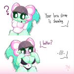 1:1 absurd_res amphibian anthro aquatic axolotl belly big_breasts black_bra black_clothing black_thong black_underwear blush blush_lines bra bra_strap bra_strap_showing_(meme) breasts clothed clothing clothing_lift dialogue embarrassed english_text eyelashes felid feline female flat_cap fluffy fluffy_tail flustered fur gills glistening green_body green_eyes green_fur hat headgear headwear heart_symbol hi_res looking_aside looking_at_viewer mammal meme mole_salamander navel pantsless pantsless_anthro pink_blush pink_gills pink_heart pixl_(pixltheaxolotl) pixltheaxolotl question_mark salamander salamander_tail shirt shirt_lift simple_background solo speech_bubble tail text thick_thighs thigh_gap thong topwear underwear void_background white_background white_clothing white_shirt white_topwear