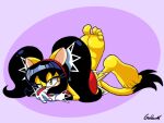 4:3 5_toes accessory anthro barefoot bedroom_eyes black_hair clothing curling_toes dress fangs feet felid feline female foot_focus fur gloves goldent5 hair hands_on_ground handwear headband hi_res honey_the_cat humanoid_feet legs_in_air legs_up looking_at_viewer lying mammal narrowed_eyes on_front pigtails plantigrade red_clothing red_dress seductive sega simple_background soles solo sonic_the_fighters sonic_the_hedgehog_(series) tail teeth toes yellow_body yellow_eyes yellow_fur