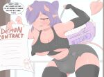 absurd_res black_clothing breasts classyshrimp clean_diaper clothed clothing contract demon dialogue diaper diaper_bag english_text female hair hi_res holding_contract horn looking_offscreen purple_hair red_body sex_toy shrimp_(classyshrimp) solo spade_tail tail text under_boob vibrator wand_vibrator wearing_diaper
