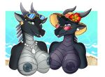 anthro anthrofied asymmetrical_breast_frottage beach big_breasts black_body breast_squish breasts breasts_frottage clearsight_(wof) clothing dragon duo eyewear female green_eyes hat headgear headwear jewelry listener_(wof) lunula mythological_creature mythological_scalie mythology necklace nightwing_(wof) nipples non-mammal_breasts non-mammal_nipples nude purple_eyes romantic romantic_couple scales scalie snout squish sun_hat sunglasses ventral_scales wings_of_fire