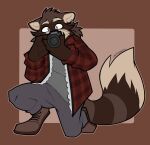 anthro big_tail boots bottomwear brown_background brown_body brown_fur camera clothed clothed_anthro clothed_male clothing digital_drawing_(artwork) digital_media_(artwork) dipstick_tail ear_piercing eyebrows flannel footwear fully_clothed fully_clothed_anthro fully_clothed_male fur grey_bottomwear grey_clothing grey_pants grey_shirt grey_topwear hi_res huge_tail jacket khaithebear kneeling male male_anthro mammal markings on_one_knee pants pattern_clothing pattern_shirt pattern_topwear piercing plaid plaid_clothing plaid_shirt plaid_topwear procyonid raccoon red_clothing red_jacket red_topwear shirt shoes simple_background solo striped_markings striped_tail stripes tail tail_markings topwear white_tail_tip
