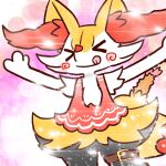 >_< 1:1 2023 ambiguous_anthro ambiguous_gender annyui0611 anthro arms_out belt biped blush blush_stickers braixen canid closed_smile clothing digital_drawing_(artwork) digital_media_(artwork) dipstick_tail dress eyes_closed food front_view generation_6_pokemon hi_res japanese_description leather looking_at_viewer mammal markings mouth_closed nintendo object_in_tail pokemon pokemon_(species) portrait shrimp_(food) simple_background smile snout solo spiral_blush standing tail tail_markings three-quarter_portrait tongue tongue_out translated_description