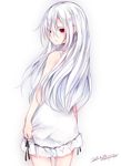  colored_eyelashes dated dress highres long_hair looking_at_viewer looking_back original otokuyou red_eyes shiroi_ko_(otokuyou) silver_hair simple_background solo white_background 