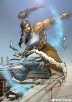  bangs blue_sky brown_hair female full_body korra legend_of_korra muscle outdoors ponytail sky solo the_legend_of_korra 