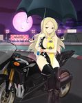  black_footwear black_legwear blonde_hair boots full_moon ground_vehicle hair_ornament hairclip leotard long_hair moon motor_vehicle motorcycle official_art pink_moon race_queen red_eyes senran_kagura senran_kagura_shinovi_versus shiki_(senran_kagura) sidesaddle swimsuit thigh_boots thighhighs umbrella yaegashi_nan 