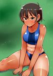  bad_id bad_pixiv_id belly bikini blush breasts brown_eyes brown_hair fat_folds grass looking_at_viewer medium_breasts odoriyama_gorou original plump short_hair shorts_tan smile solo sports_bikini sweat swimsuit tan tanline thick_thighs thighs 