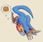 ambiguous_gender anthro anus anus_only armor b00b00keys bandai_namco belt blue_body butt claws clothing digimon digimon_(species) flamedramon food footwear gauntlets gloves handwear headgear helmet hi_res horn looking_at_viewer presenting presenting_hindquarters rear_view sandwich_(food) simple_background solo tail thought_bubble