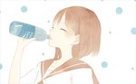  bottle brown_hair closed_eyes dots drinking mitsuki_mouse original pale_color pocari_sweat school_uniform serafuku soda_bottle solo two-tone_background upper_body white_background 