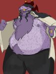3:4 anthro body_hair clothed clothing demon hi_res male overweight partially_clothed presenting purple_body solo