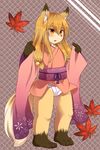  brown_eyes canine clothing female fox hair japanese_clothing kishibe leaf legwear long_hair mammal raijin stockings 