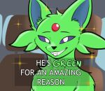 car_seat dan_hentschel eeveelution english_text espeon feral generation_2_pokemon green_body hi_res looking_at_viewer male mammal meme nintendo pokemon pokemon_(species) shiny_pokemon simple_background smile smiling_at_viewer solo sparkles text text_box unusualmatias