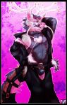 absurd_res anthro antlers armpit_tuft beard bedroom_eyes belt belt_buckle black_border border buckle bulge chaps clothing degeneratespice dragon eastern_dragon facial_hair fangs feathers fur hi_res horn intersex jacket latex latex_clothing latex_skinsuit leather leather_clothing leather_jacket leather_topwear male mythological_creature mythological_scalie mythology narrowed_eyes quills_(anatomy) salmon_(degeneratespice) scalie seductive skinsuit solo tail_strap teeth tight_clothing tongue tongue_out topwear whiskers