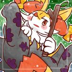 1:1 2023 ambiguous_anthro ambiguous_gender annyui0611 anthro biped blush blush_stickers braixen canid convenient_censorship digital_drawing_(artwork) digital_media_(artwork) digitigrade dipstick_tail dutch_angle generation_6_pokemon hi_res holding_object holding_stick japanese_description leaf looking_at_viewer lying mammal markings nintendo on_back open_mouth outline pokemon pokemon_(species) simple_background snout solo stick sticker tail tail_markings translated_description