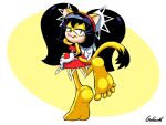 4:3 5_toes :3 accessory anthro barefoot black_hair clothing dress fangs feet felid feline female foot_focus fur gloves goldent5 hair handwear headband hi_res honey_the_cat humanoid_feet looking_at_viewer looking_back mammal on_one_leg pigtails plantigrade raised_leg red_clothing red_dress sega simple_background soles solo sonic_the_fighters sonic_the_hedgehog_(series) standing tail teasing_with_feet teeth tiptoes toes wings yellow_body yellow_eyes yellow_fur