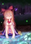  absurdres barefoot bow bush chain closed_eyes dior-zi fireflies forest hair_bow hands_on_own_knees head_tilt highres horn_ribbon horns ibuki_suika lily_pad long_hair nature orange_hair pyramid_(geometry) ribbon sitting skirt smile soaking_feet solo sphere touhou water wrist_cuffs 