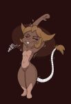 abstract_background anthro breasts brown_background brown_body brown_fur brown_hair buckteeth eyelashes eyes_closed featureless_breasts featureless_crotch female fur hair hi_res imp nonbinary_(lore) simple_background small_breasts solo stretching tail tail_wraps teeth thick_thighs trevor-fox wide_hips wraps