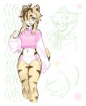 absurd_res anthro blonde_hair bottomwear clothing felid femboy fluffy fluffy_tail hair hi_res koty_(sinrainner) leg_markings legs_together male mammal markings pantherine pants pink_outfit sinrainner solo sweater tail tiger topwear yellow_body