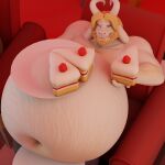 1:1 3d_(artwork) absurd_res anthro asgore_dreemurr beard belly belly_hair big_belly bloated blonde_hair body_hair bovid cake caprine chest_hair dessert digital_media_(artwork) facial_hair food fur goat hair hi_res horn huge_belly male mammal mature_male musclegut muscular onehundredandone solo stuffing undertale_(series) white_body white_fur