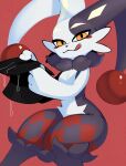 absurd_res ambiguous_gender anthro black_body black_fur black_nose bodily_fluids cheek_tuft clothing dupin_(pal) eyelashes facial_tuft fur hat headgear headwear hi_res holding_clothing holding_hat holding_headgear holding_headwear holding_object jester lagomorph leporid licking licking_lips looking_at_viewer mammal markings multicolored_body multicolored_fur neck_tuft negasimon pal_(species) palworld pocketpair rabbit red_background red_markings saliva saliva_string simple_background sitting solo suggestive tongue tongue_out top_hat tuft white_body white_fur yellow_eyes yellow_markings