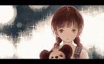  bangs braid brown_hair letterboxed looking_at_viewer mitsuki_mouse original parted_lips sepia solo star stuffed_animal stuffed_toy suspenders teddy_bear twin_braids upper_body 